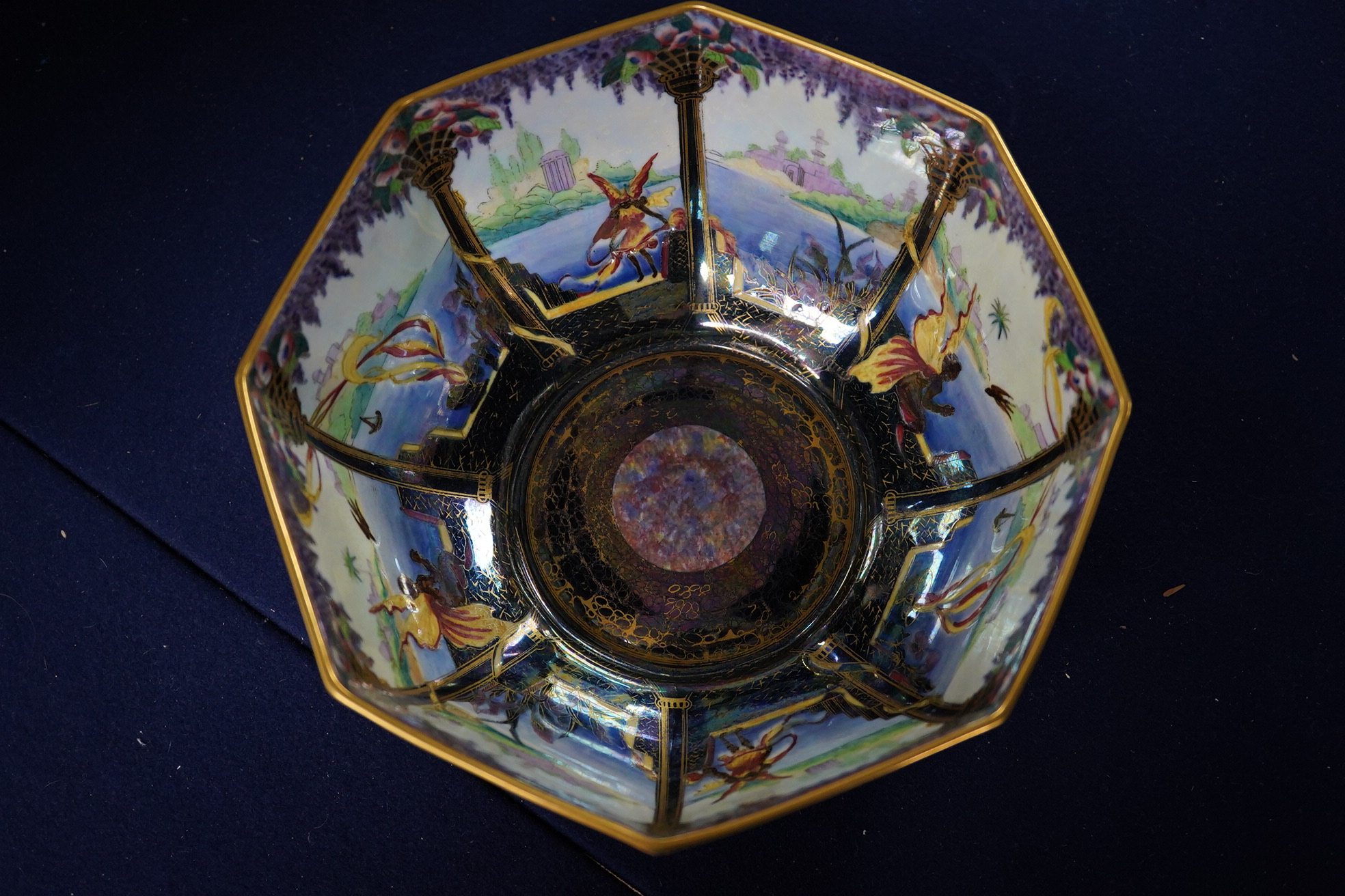 A Wedgwood fairyland lustre Moorish octagonal bowl, designed by Daisy Makeig Jones, 21cm wide. Condition – slight wear to gilding in the centre, otherwise in good condition with no restoration, chips or cracks detected